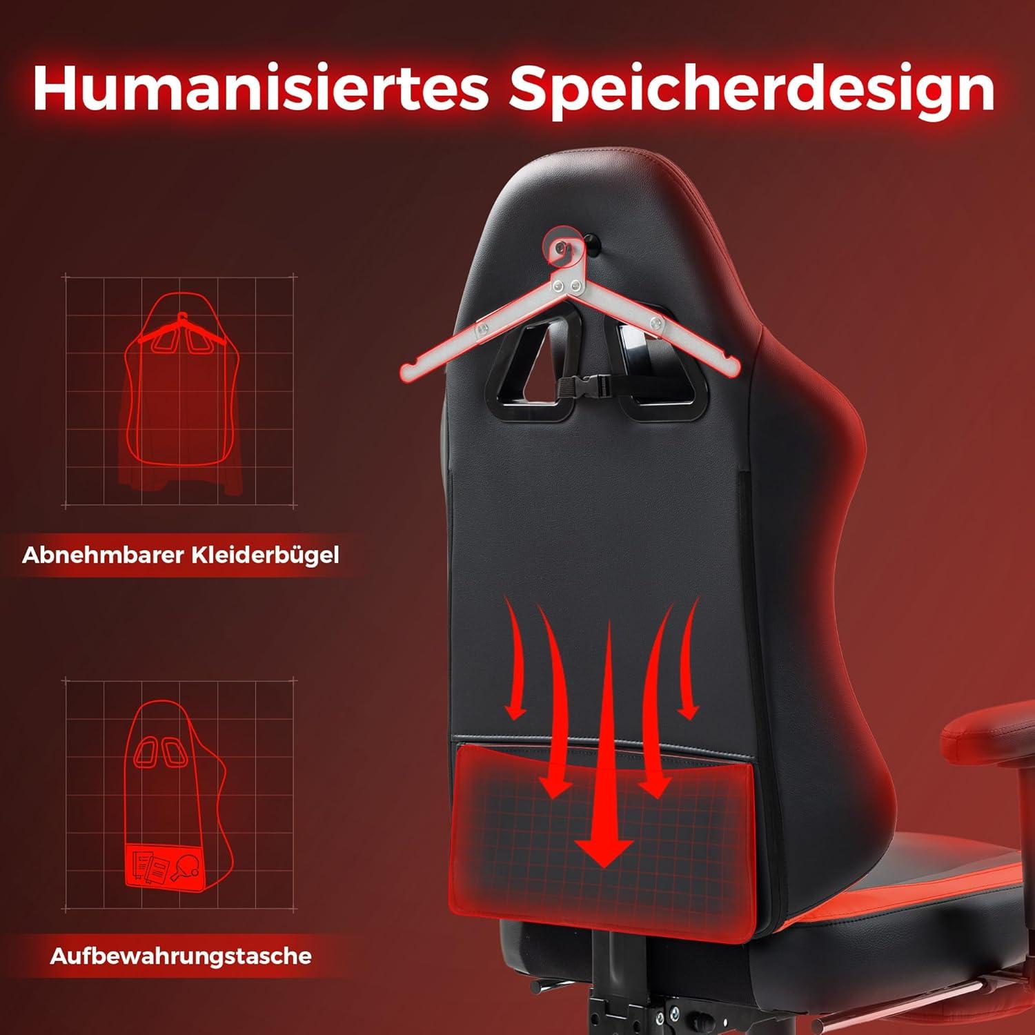 Dowinx Gaming Stuhl mit Massage & Fußstütze, Ergonomischer Bürostuhl für Erwachsene - Schwarz
