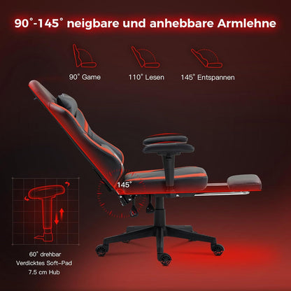 Gaming Stuhl mit Massage, Fußstütze, Ergonomisch - Schwarz Rot