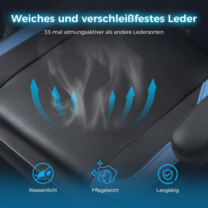 Ergonomischer Gaming Stuhl Massage Fußstütze Lendenkissen PU Leder Schwarz Blau
