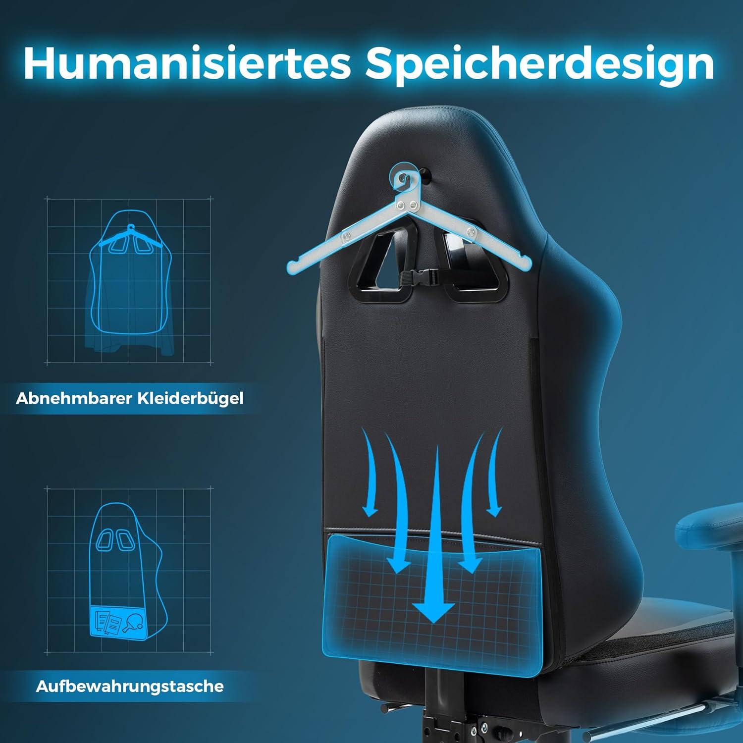 Dowinx Gaming Stuhl Taschenfederkissen Massage Kopfstütze Fußstütze Schwarz