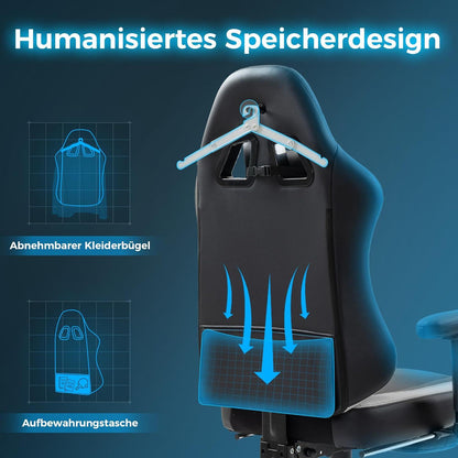 Ergonomischer Gaming Stuhl mit Massage Kopfstütze Fußstütze 135KG Schwarz Grau