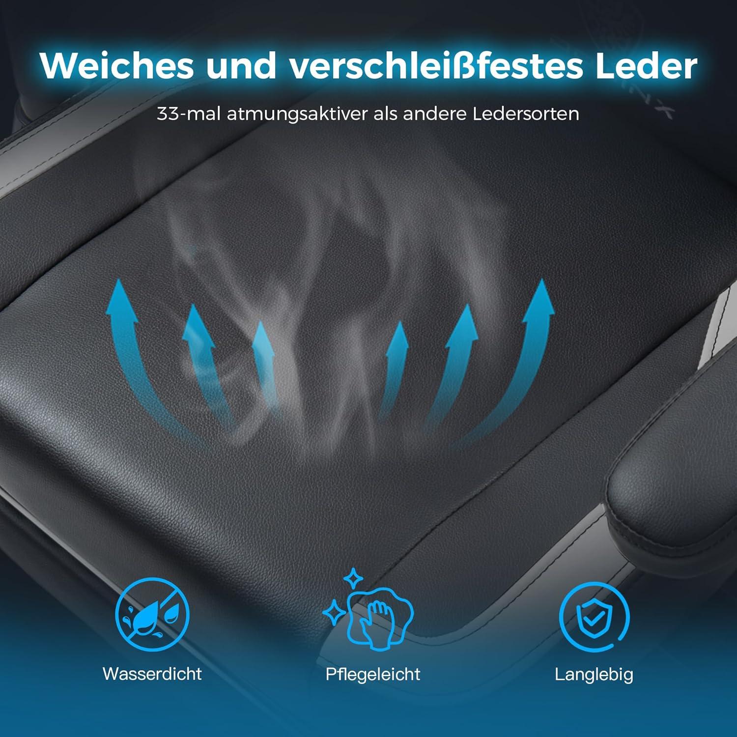 Ergonomischer Gaming Stuhl mit Massage Kopfstütze Fußstütze 135KG Schwarz Grau