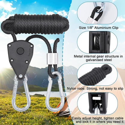 HEJO 6er Set Ratchet Hangers verstellbares Seilratsche für Zelte & Lampen