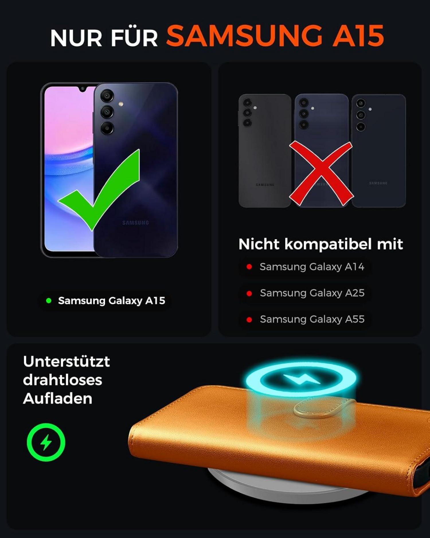 Handyhülle Samsung Galaxy A15 Premium Lederhülle Schutzhülle Orange