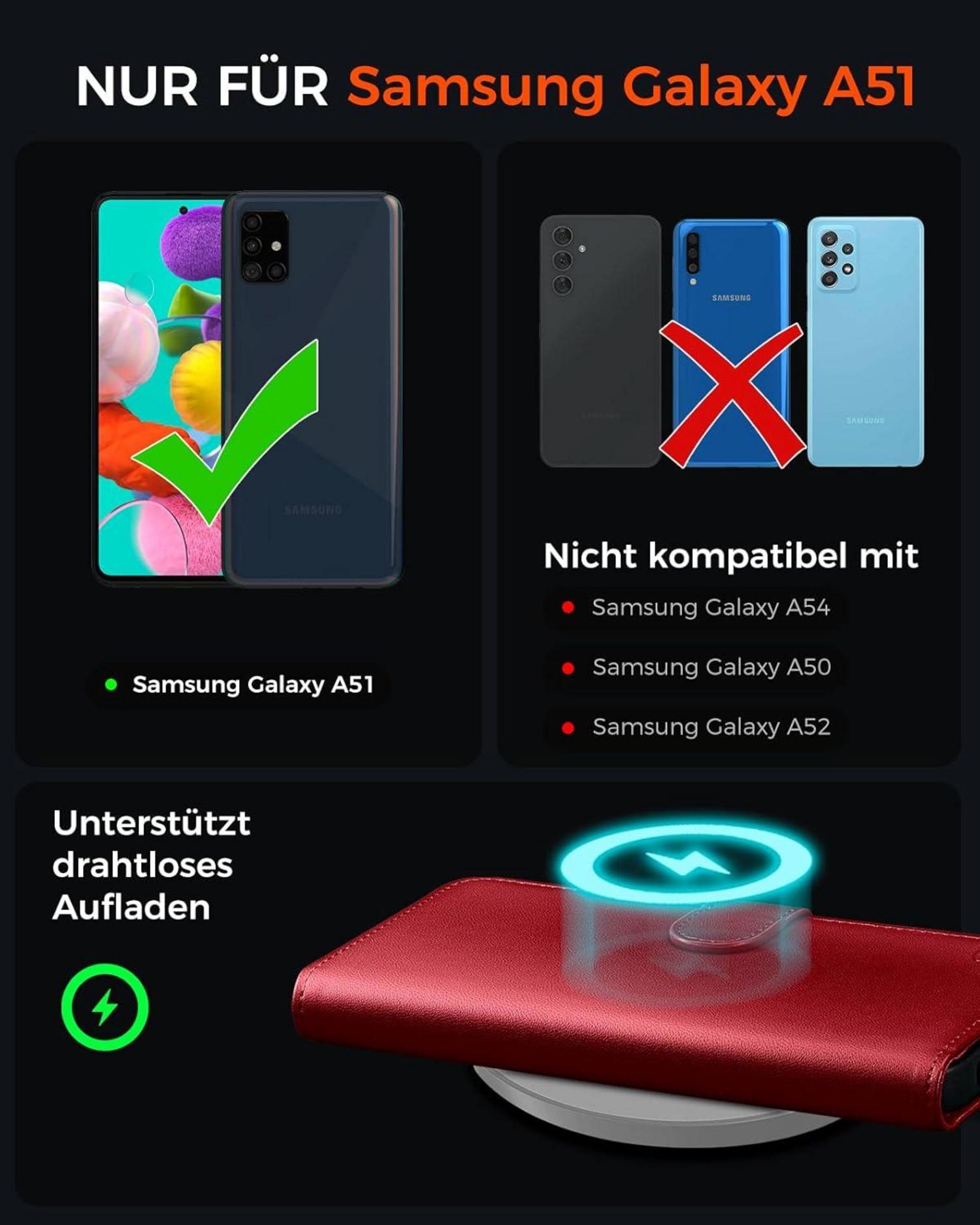 Samsung Galaxy A51 Handyhülle Premium Leder Klapphülle RFID Schutz Rot