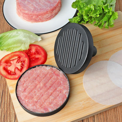 Burgerpresse Edelstahl mit ABS-Griff Antihaft 11,5 cm + 50 Patty Papers