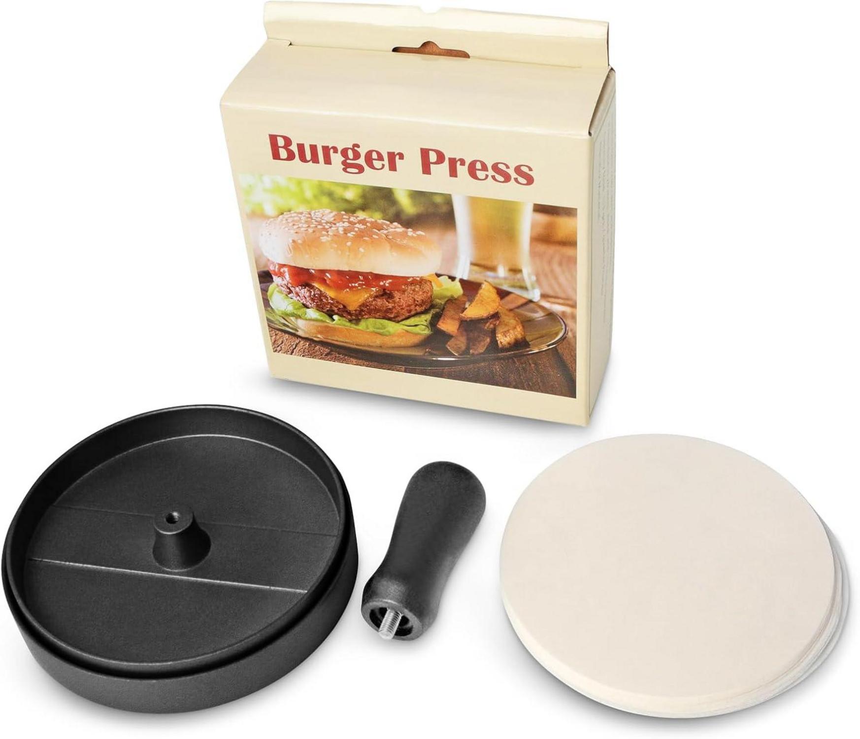 Burgerpresse Edelstahl mit ABS-Griff Antihaft 11,5 cm + 50 Patty Papers