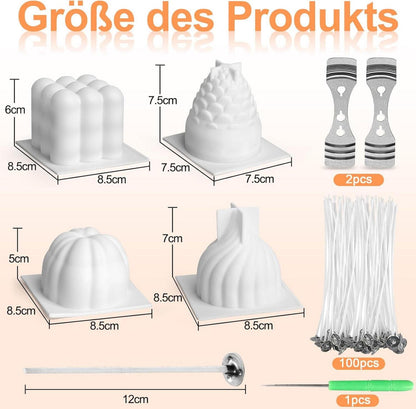 Kerzen Gießset: 4x 3D Silikonformen, Schmelztopf, 100