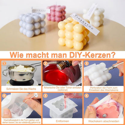 DIY Kerzen Set 4 Stück 3D Silikonformen Schmelztopf 100 Dochte