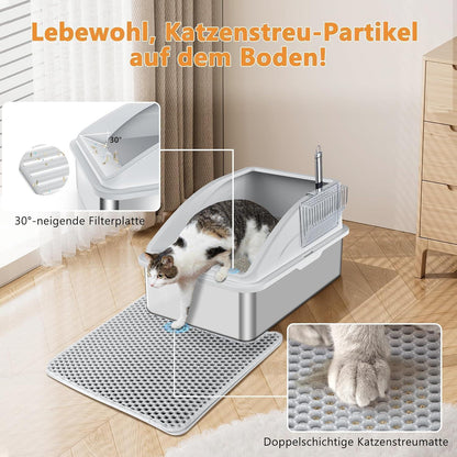 XXL Katzentoilette Edelstahl mit Matte und Schaufel Beige