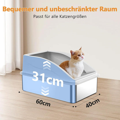 XXL Katzentoilette Edelstahl mit Matte und Schaufel Beige