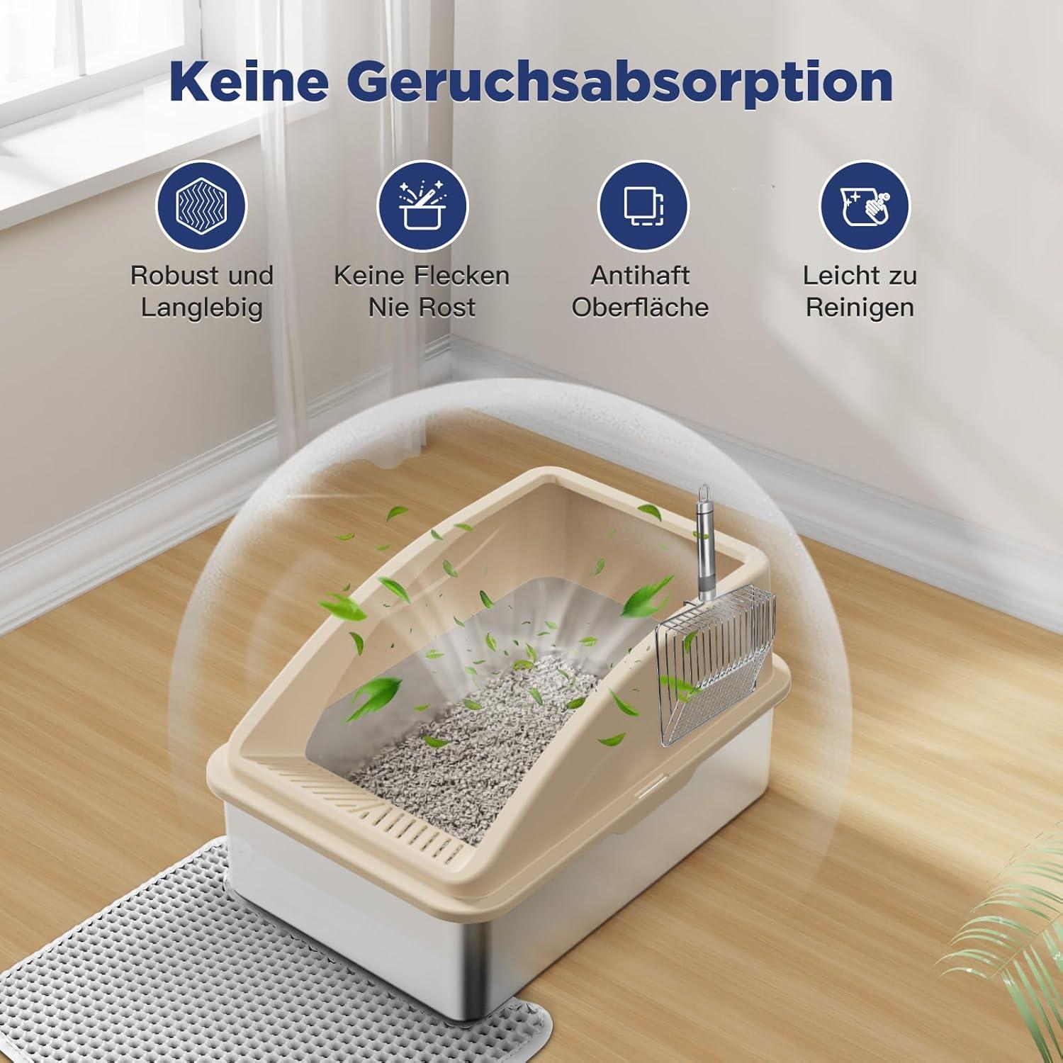 XXL Katzentoilette Edelstahl mit Matte und Schaufel Beige