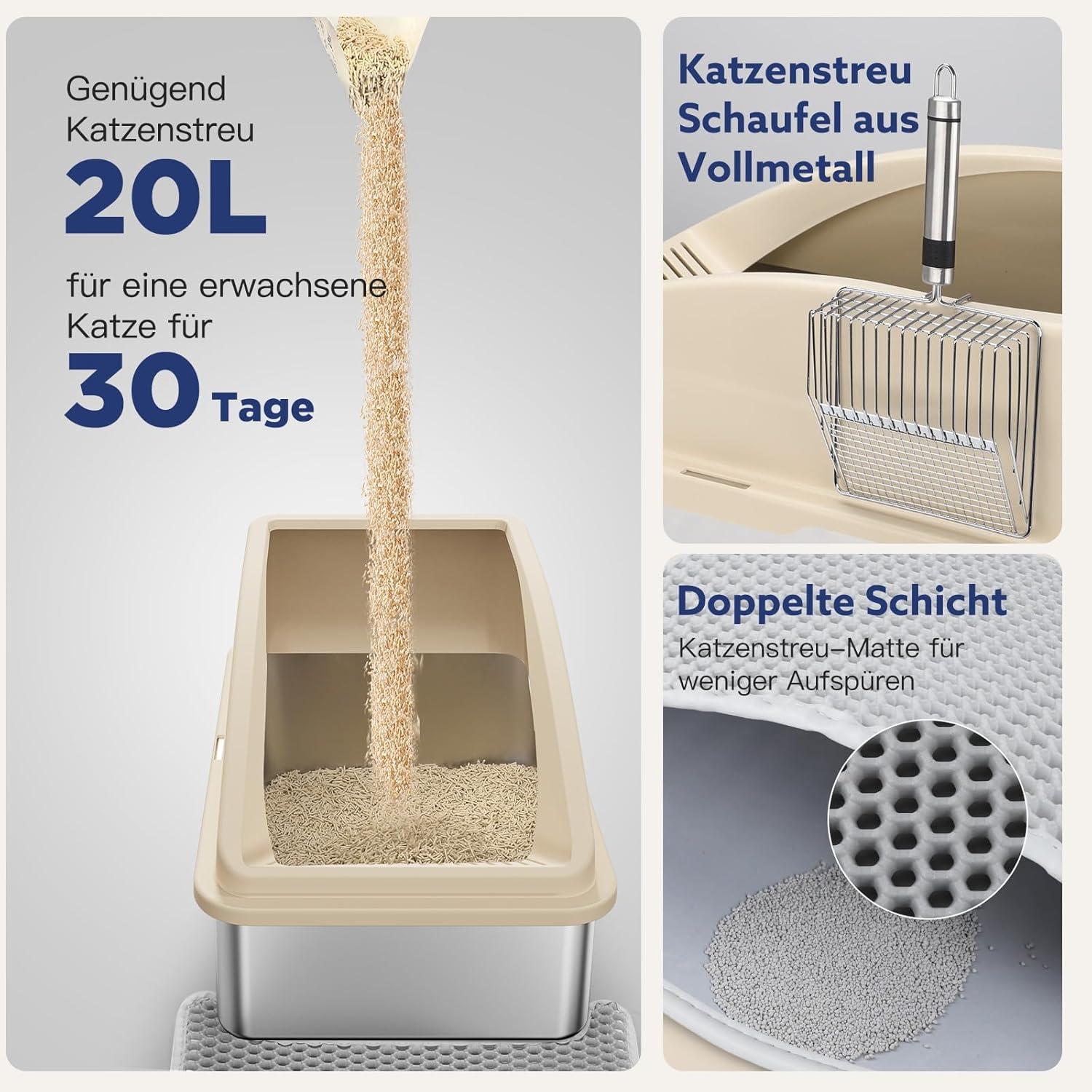 Katzentoilette XXL Edelstahl mit Matte und Metall Schaufel - Beige