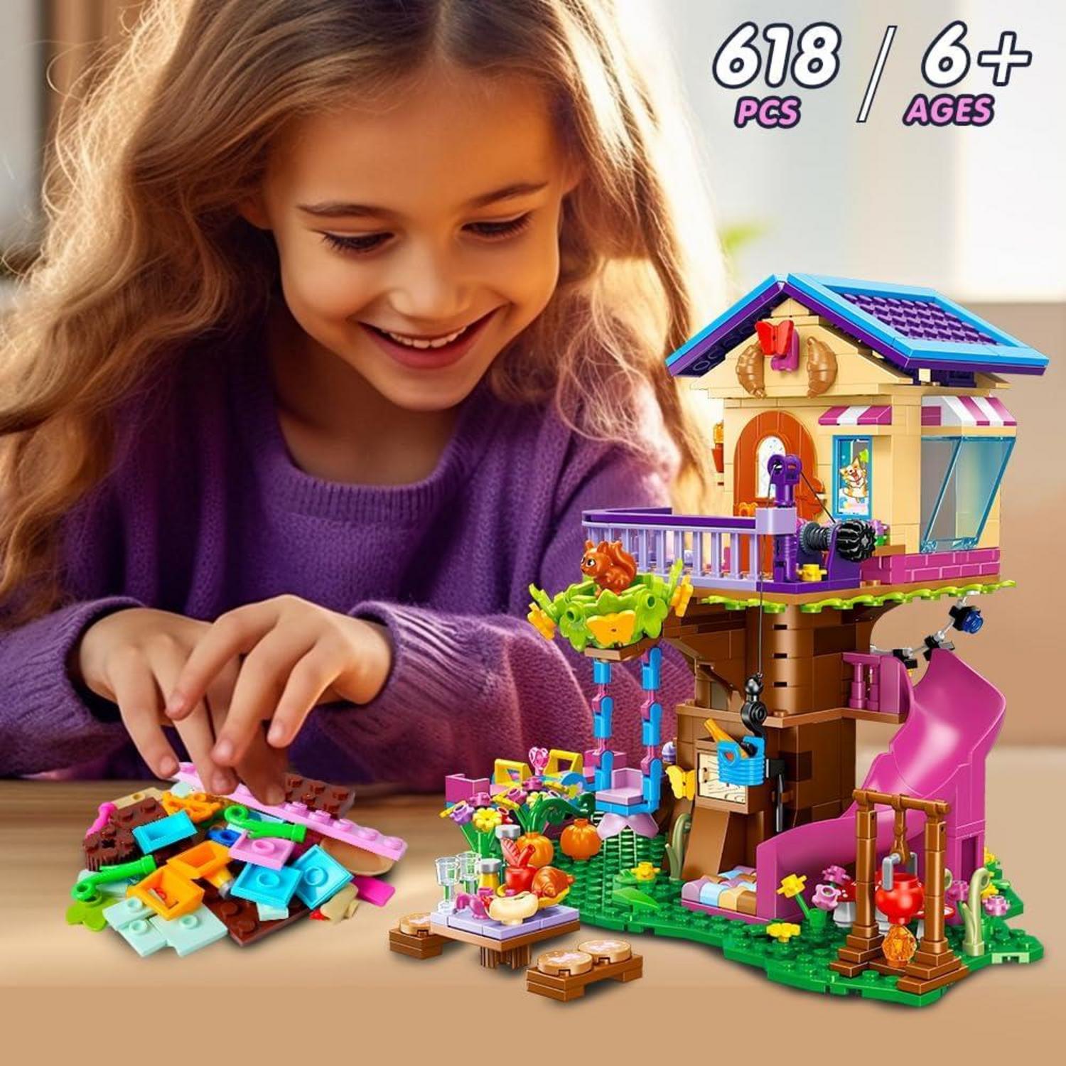 Baumhaus Bausteine Set mit LED-Licht + Rutsche & Zubehör - Geschenk für Kinder ab 6 Jahren