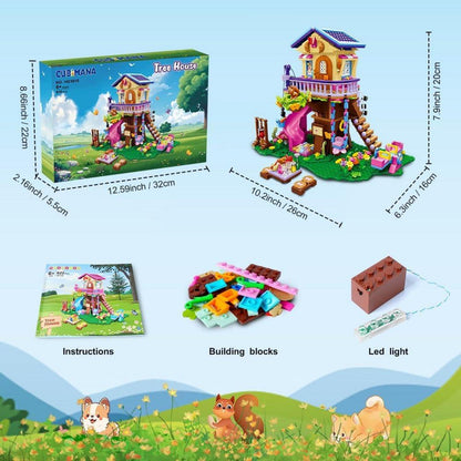 Baumhaus Bausteine Set mit LED-Licht + Rutsche & Zubehör - Geschenk für Kinder ab 6 Jahren