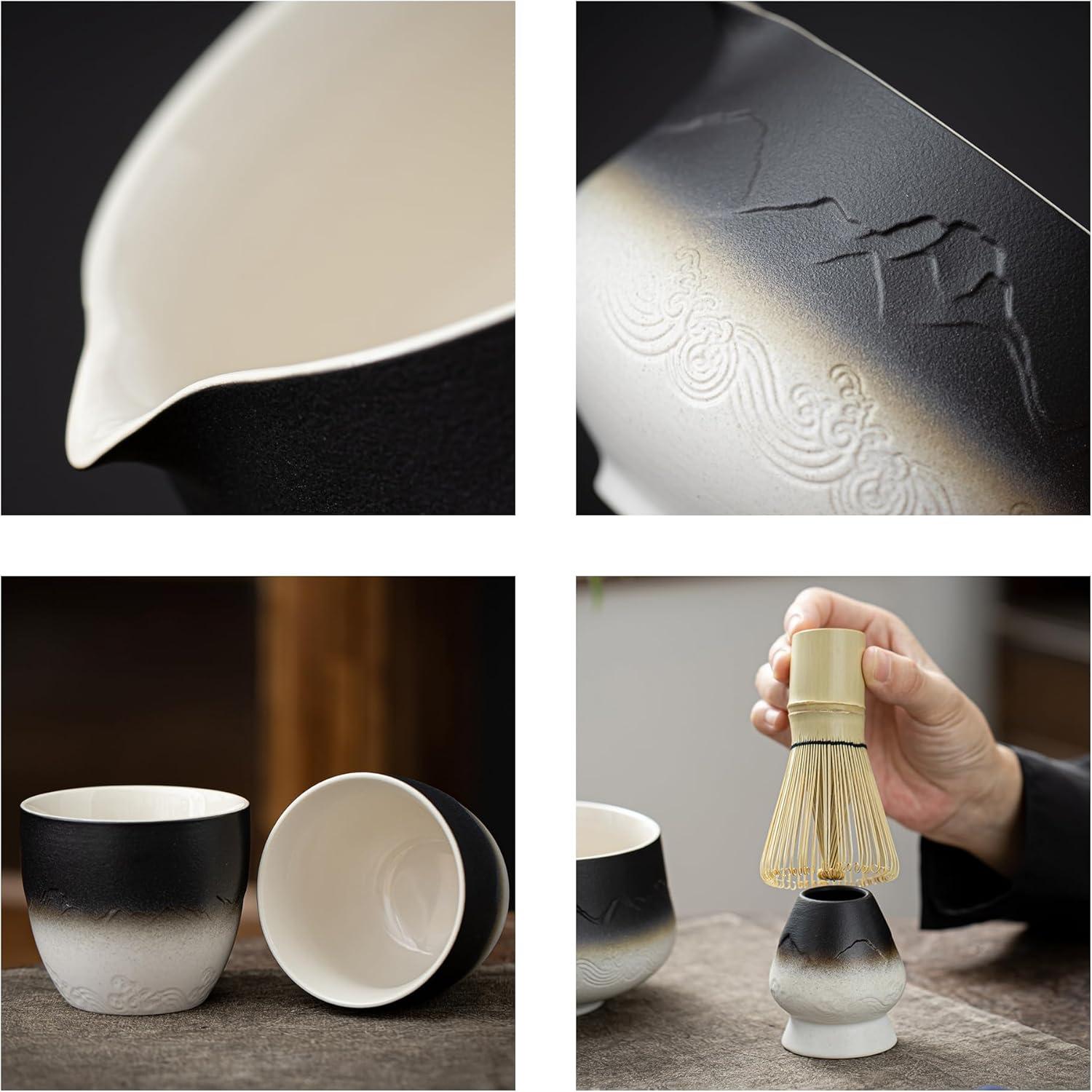 TEANAGOO Matcha Tee Set Keramikschale Bambus Schneebesen Halter 9 Stück weiß schwarz