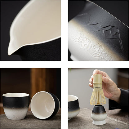 TEANAGOO Matcha Tee Set Keramikschale Bambus Schneebesen Halter 9 Stück weiß schwarz
