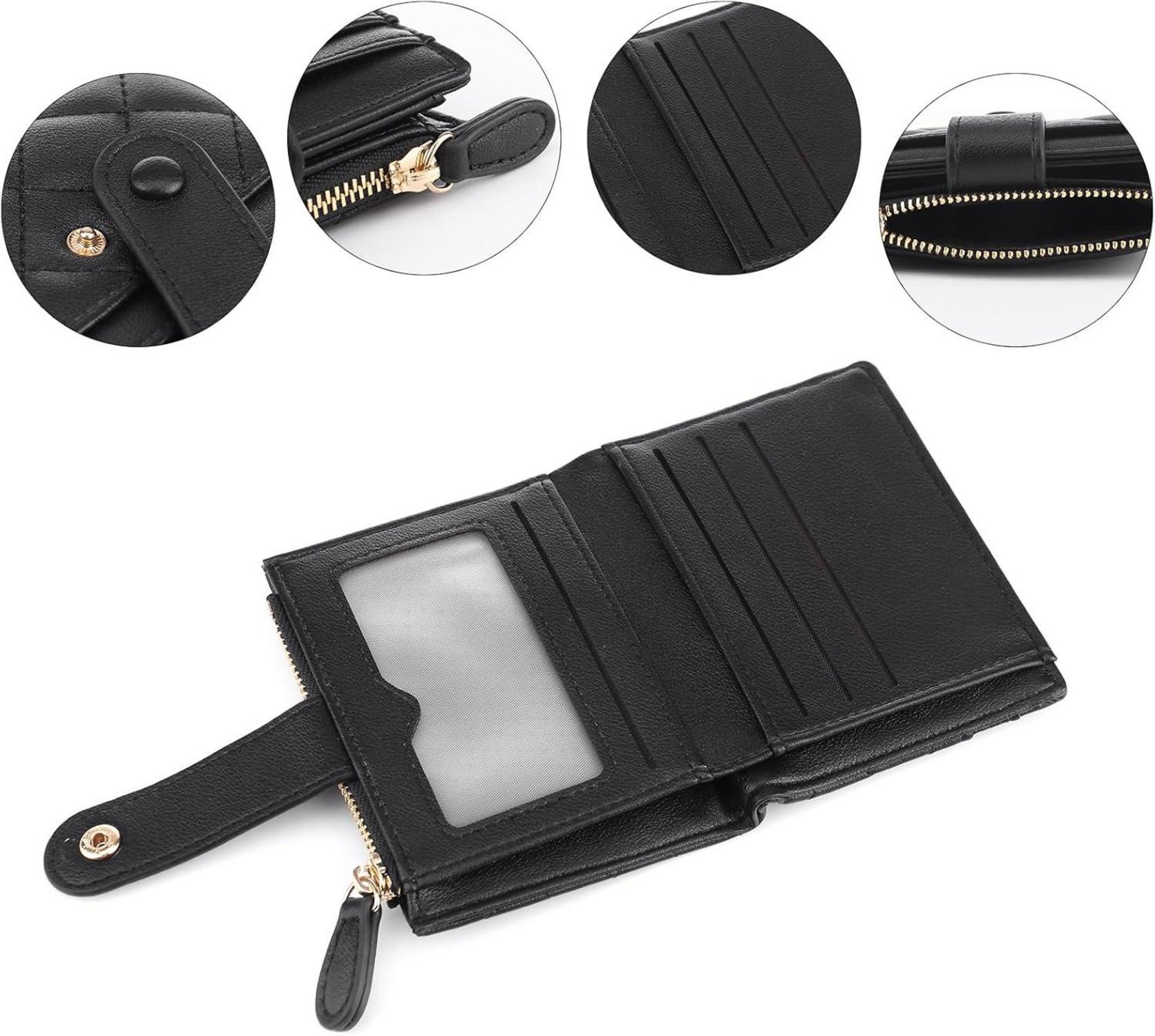 Damen Geldbörse Schwarz Leder Bifold Portemonnaie mit Kartenschlitzen