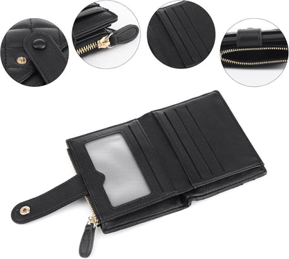 Damen Geldbörse Schwarz Leder Bifold Portemonnaie mit Kartenschlitzen