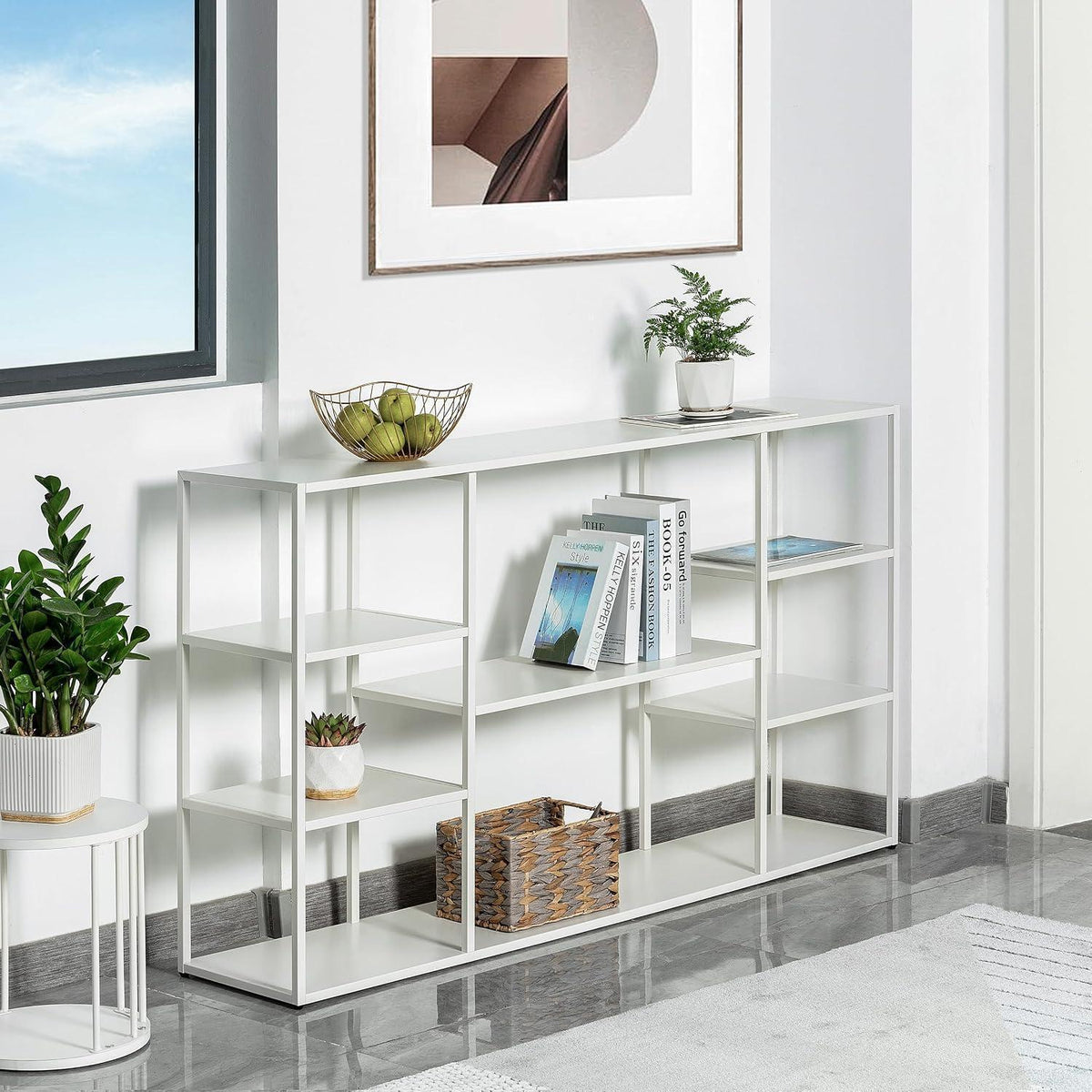140cm Langer Konsolentisch mit Regalen – Weiß, Modern & Vielseitig