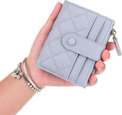 Damen Geldbörse Klein Leder Bifold Portemonnaie Blau Kartenfächer