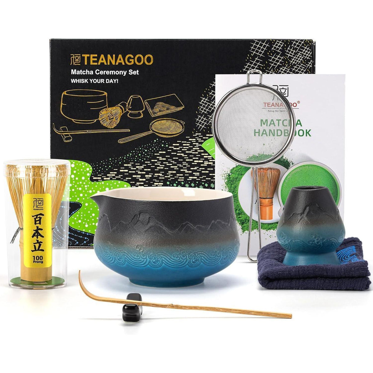 Matcha Tee Set 7-teilig mit Schale und Besen, Farbverlauf Marineblau