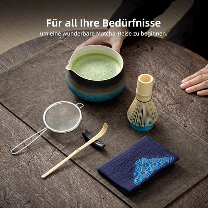 Matcha Tee Set 7-teilig mit Schale und Besen, Farbverlauf Marineblau
