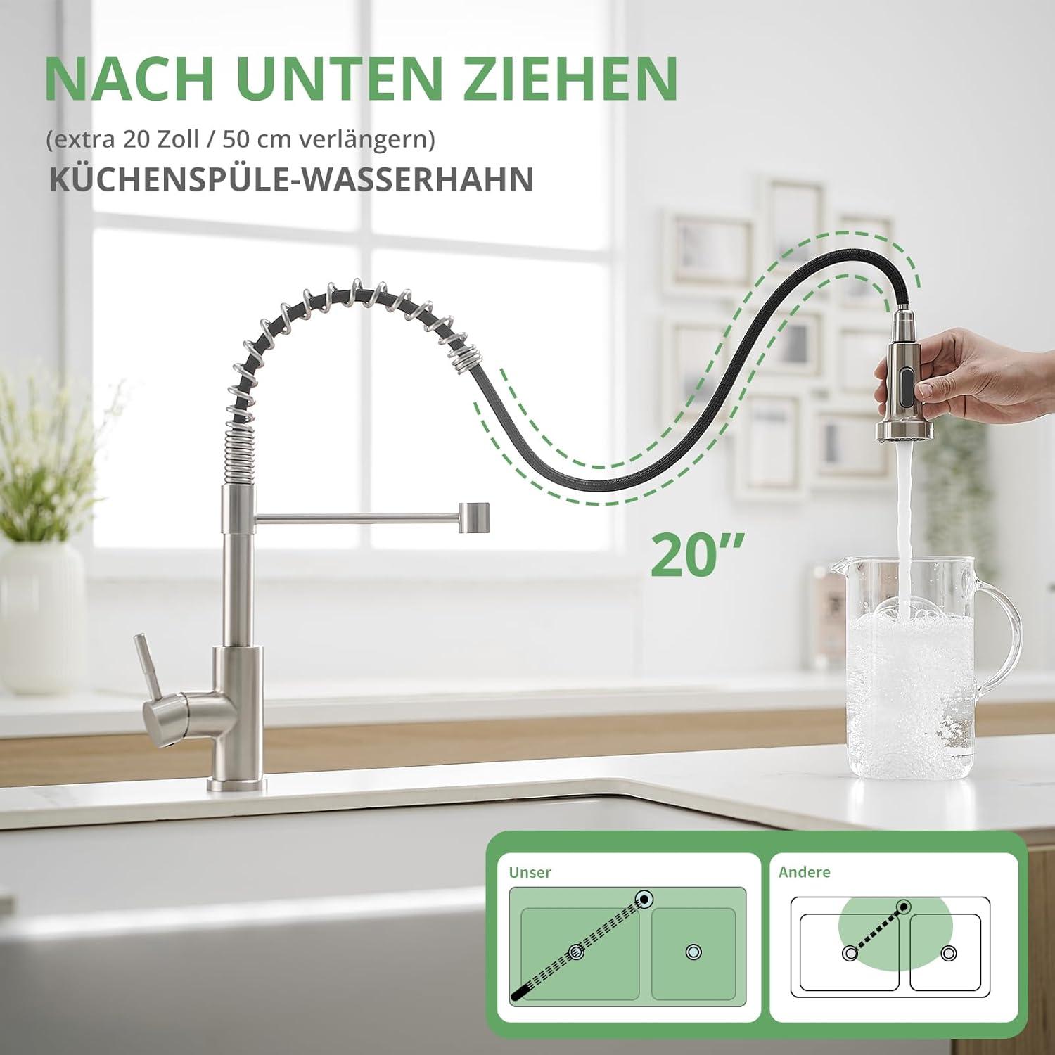 Niederdruck Küchenarmatur mit Ausziehbarer Brause 360° Schwenkbar