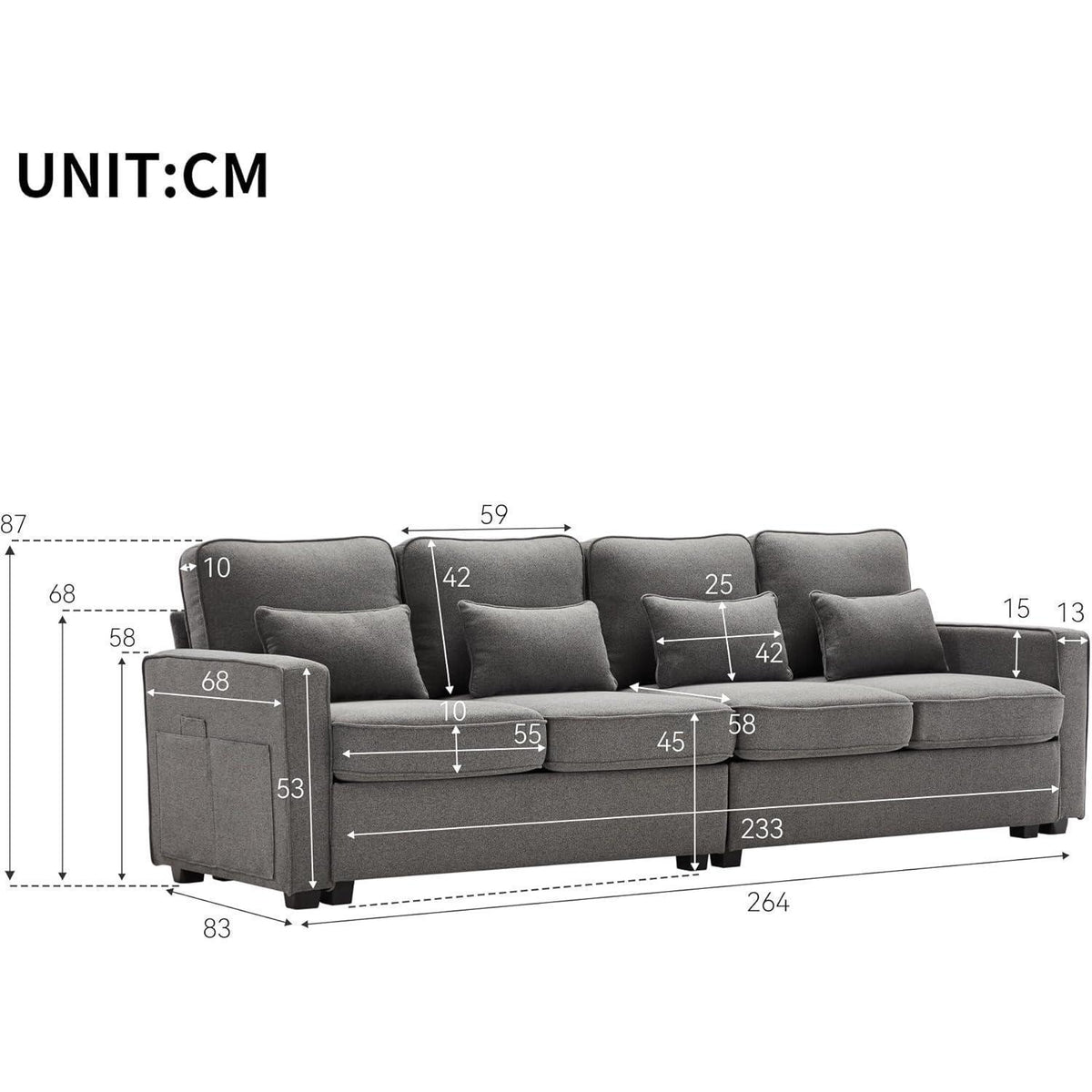 Modernes 4-Sitzer Sofa aus Leinenstoff mit Stauraum & Kissen