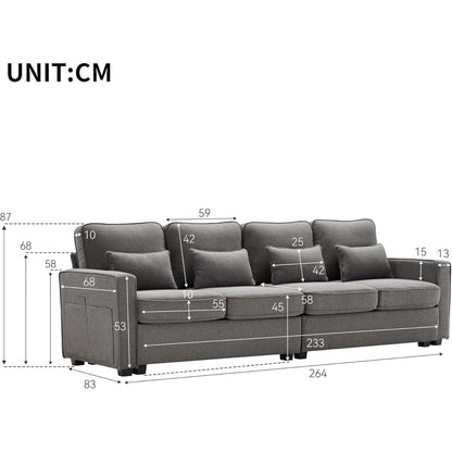 Modernes 4-Sitzer Sofa aus Leinenstoff mit Stauraum & Kissen