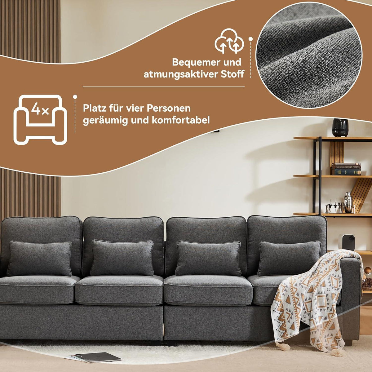 Modernes 4-Sitzer Sofa aus Leinenstoff mit Stauraum & Kissen