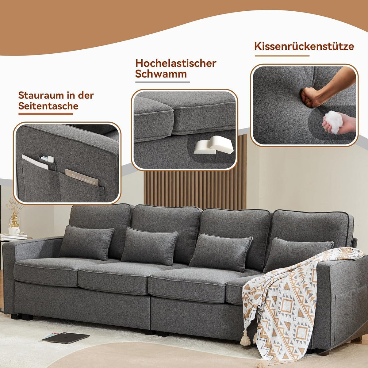 Modernes 4-Sitzer Sofa aus Leinenstoff mit Stauraum & Kissen
