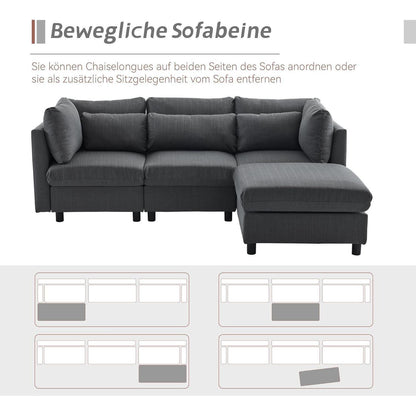 Modernes Dreisitzer-Sofa mit Fußhocker & Lendenkissen (Grau)