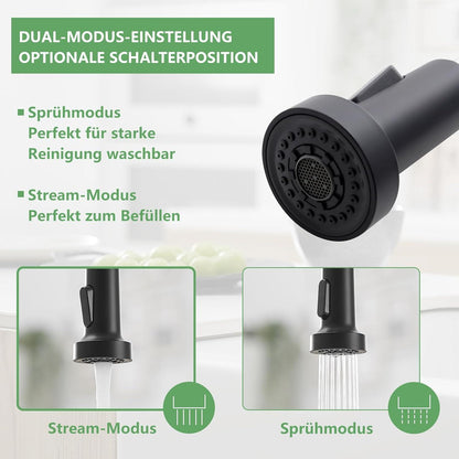 Schwarze Niederdruck Küchenarmatur mit ausziehbarer Brause - 360° schwenkbar