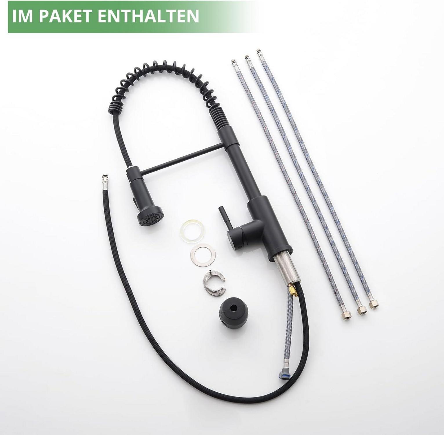 Schwarze Niederdruck Küchenarmatur mit ausziehbarer Brause