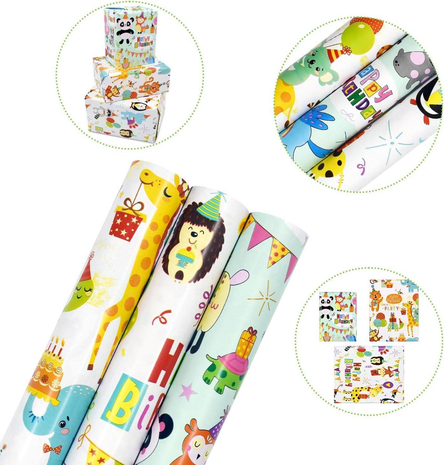 3 Rollen Geschenkpapier Tiermotive 43 cm x 3 m wiederverwendbar für Kinder Jungen