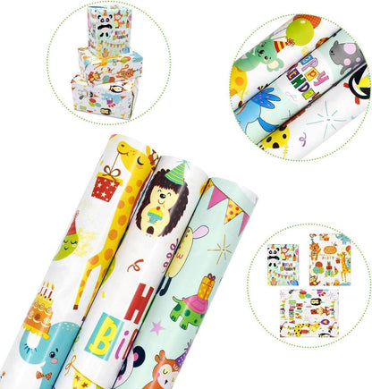 3 Rollen Geschenkpapier Tiermotive 43 cm x 3 m wiederverwendbar für Kinder Jungen