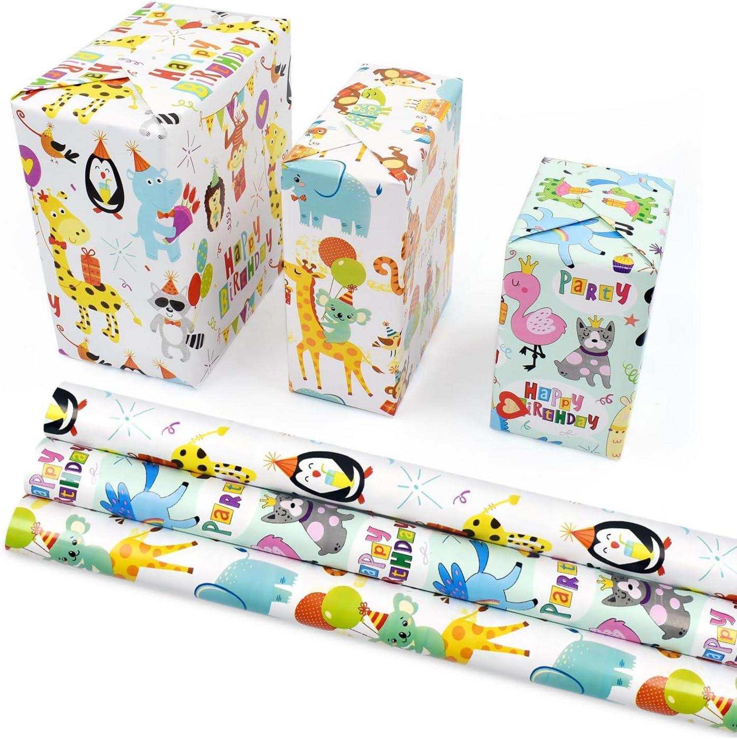 Geschenkpapier Tiermotiv 3 Rollen 43 cm x 3 m wiederverwendbar Happy Birthday