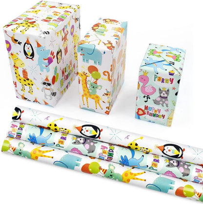 Geschenkpapier Tiermotiv 3 Rollen 43 cm x 3 m wiederverwendbar Happy Birthday