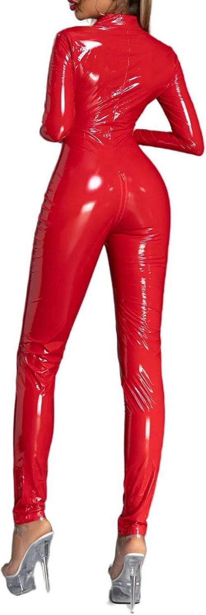 Damen Wetlook Catsuit Reißverschluss Lackleder Katzenkostüm Rot