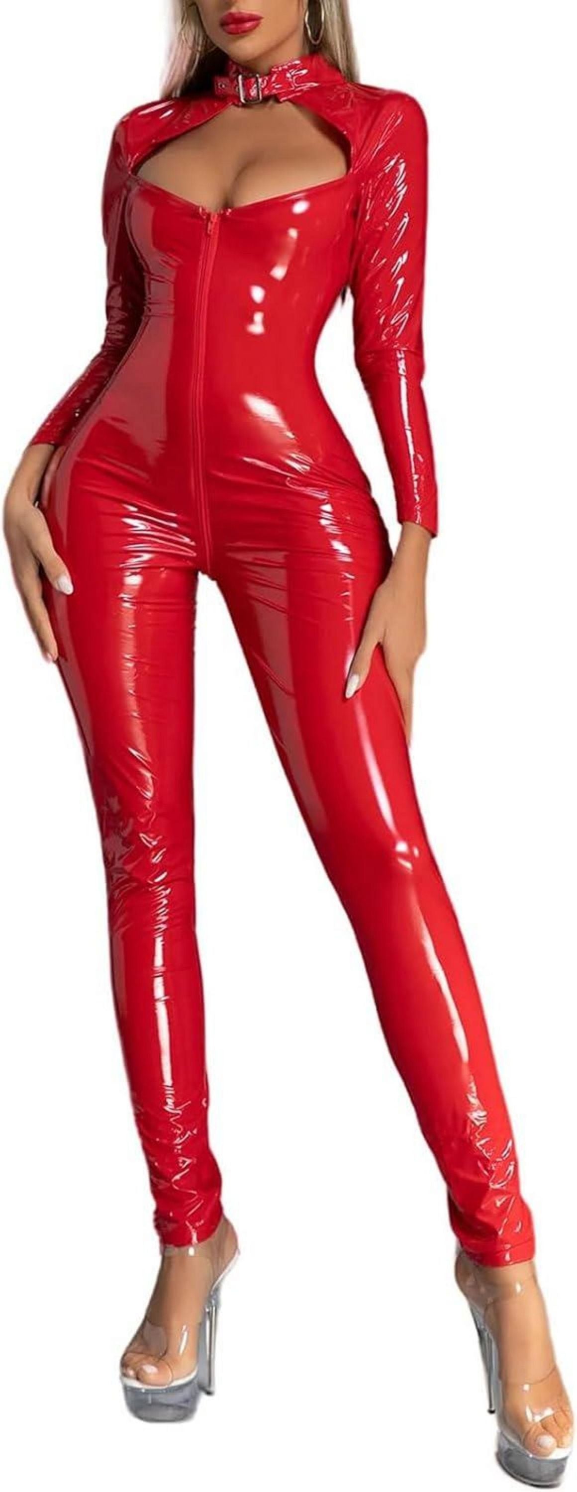 Damen Wetlook Catsuit Reißverschluss Lackleder Sexy Kostüm Rot