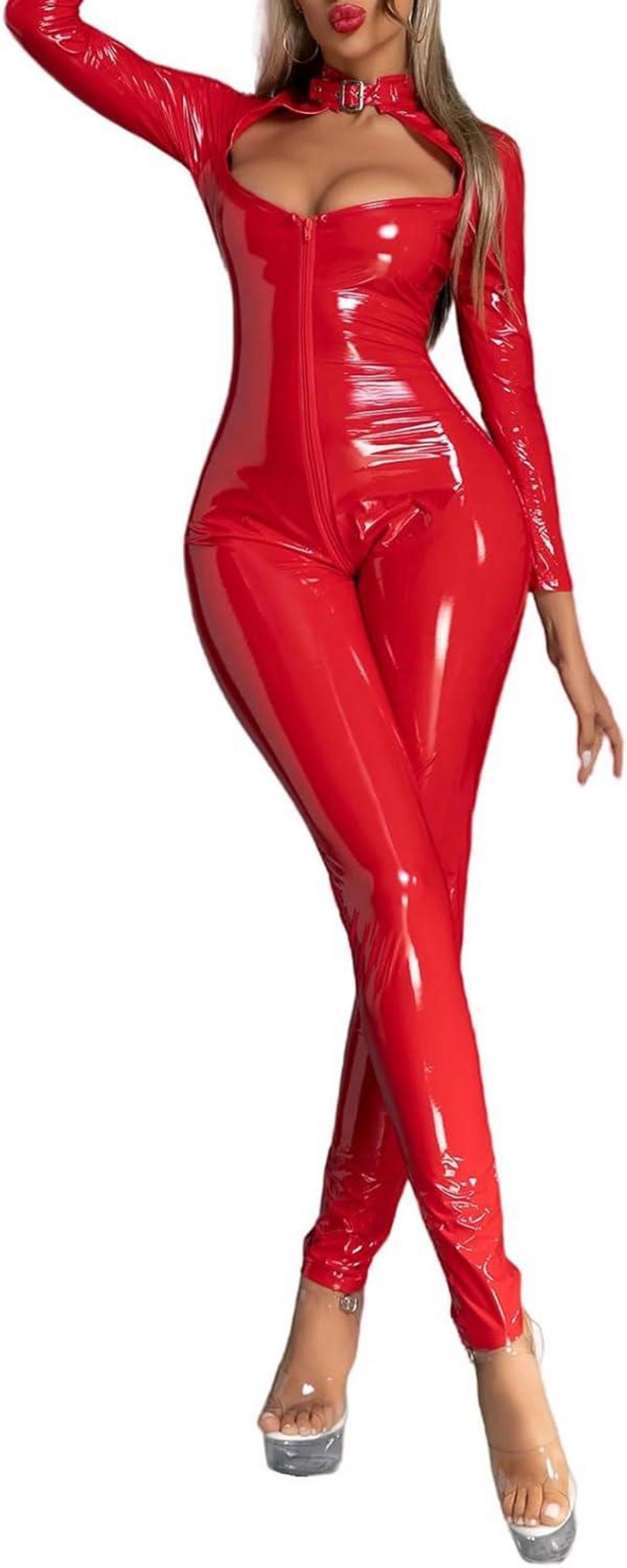 Damen Wetlook Catsuit Reißverschluss Lackleder Katzenkostüm Rot