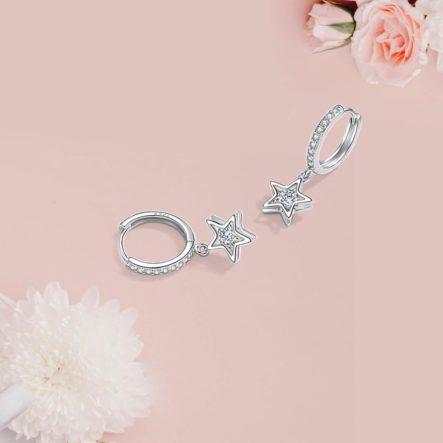 Moderne Creolen Ohrringe mit Zirkonia Anhänger - Silber/Rosegold