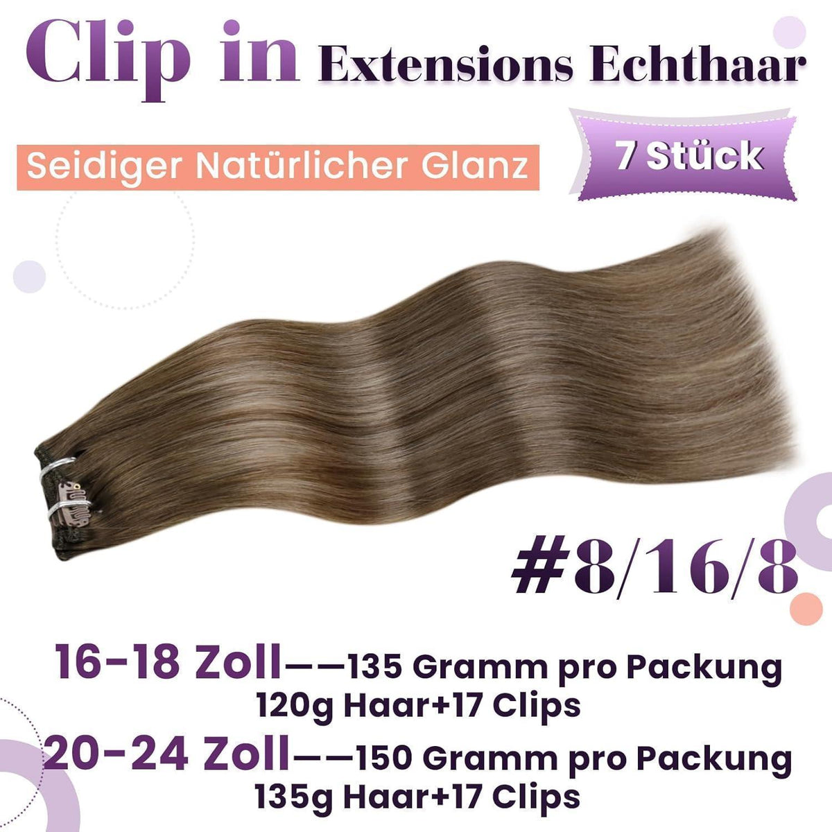 Echthaar Clip-in Extensions Balayage Hellbraun Ombre