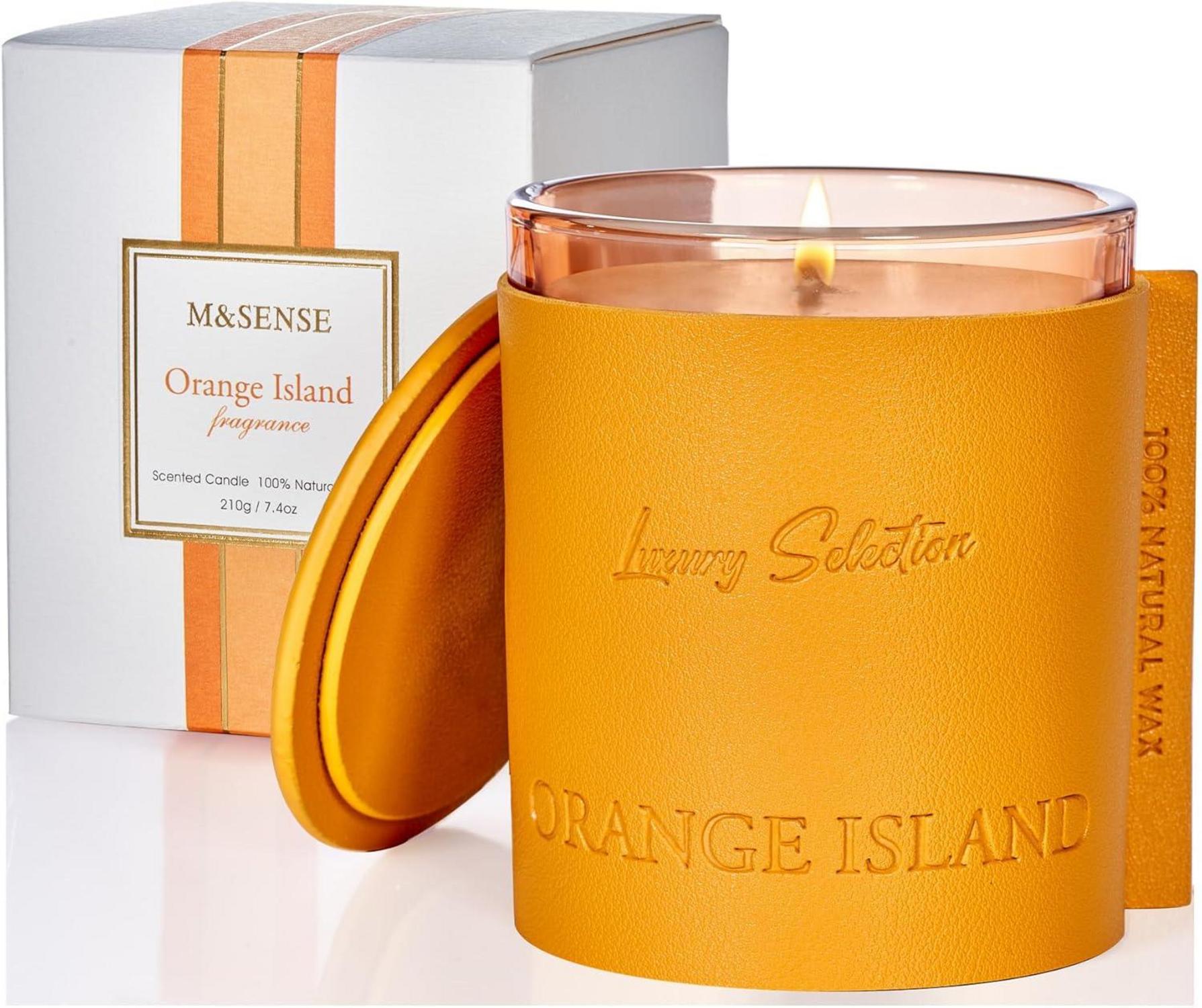 Luxury Leather Wrapped Duftkerze in Glas, OrangeIsland