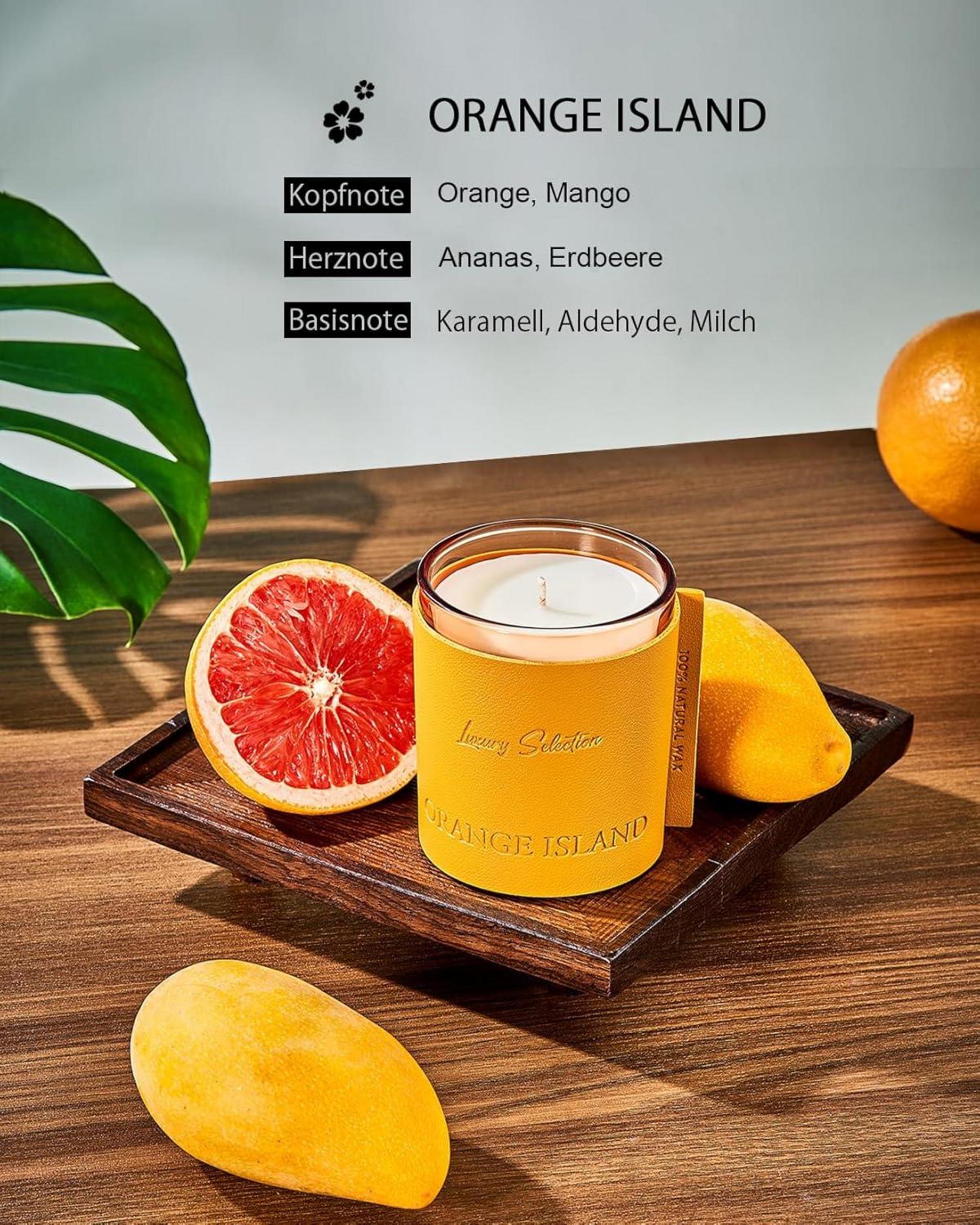 Luxury Leather Wrapped Duftkerze OrangeIsland Geschenkbox