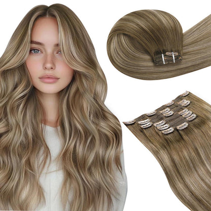 Clip-in Echthaar Extensions Braun Ombre Gold 60cm