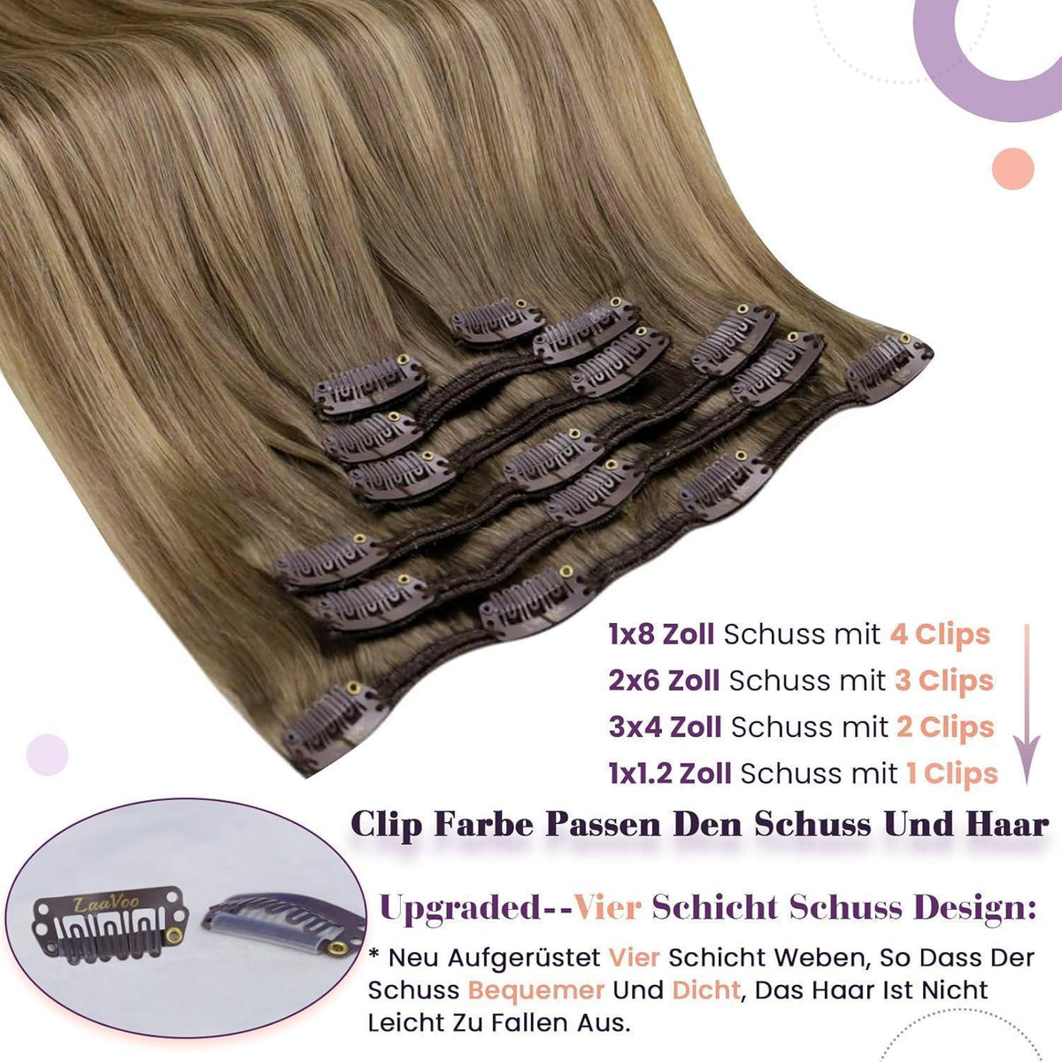 Clip-in Echthaar Extensions Braun Ombre Gold 60cm