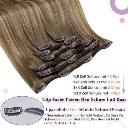 Clip-in Echthaar Extensions Braun Ombre Gold 60cm