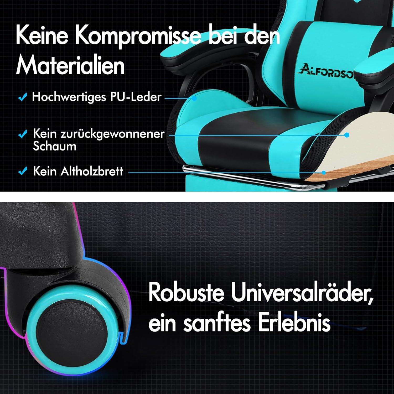 Gaming-Stuhl LED-RGB-Massage Lordosenstütze Fußstütze Cyanserie